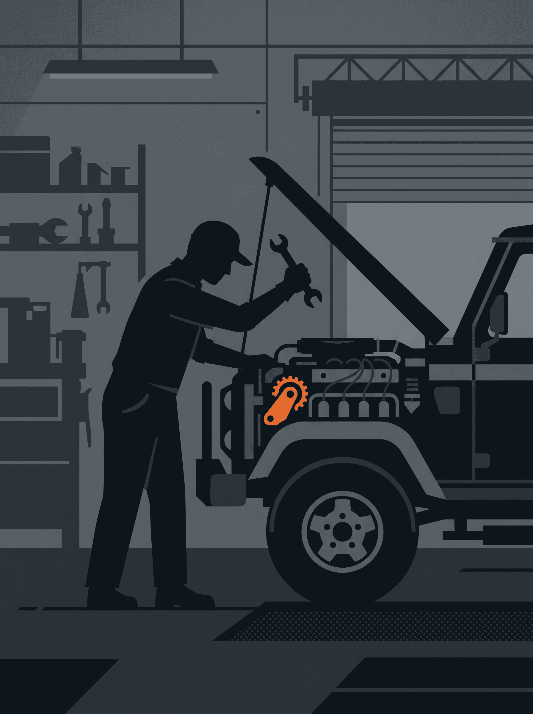 Ilustrație a unui mecanic care lucrează la motorul unei mașini
